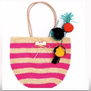 Mar Y Sol Rio Striped Straw Tote Pom